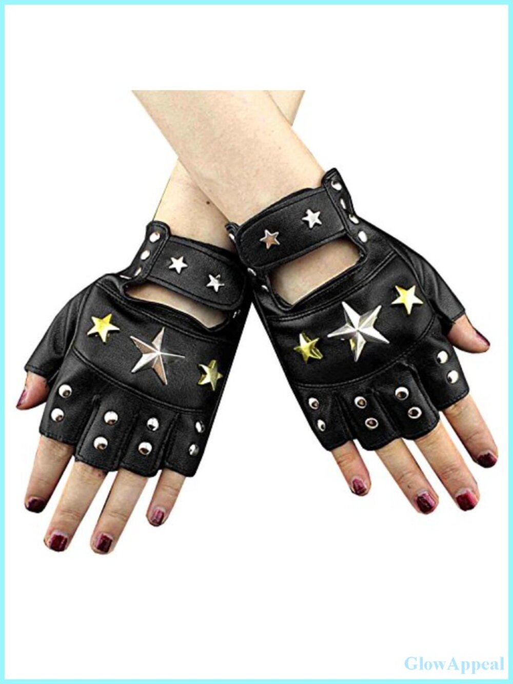Womens Fingerless Leather Gloves Star Studded Driving Rock Punk Black